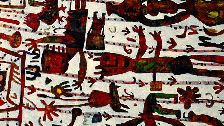 Grouped figures in an abstract painting in reds and whites